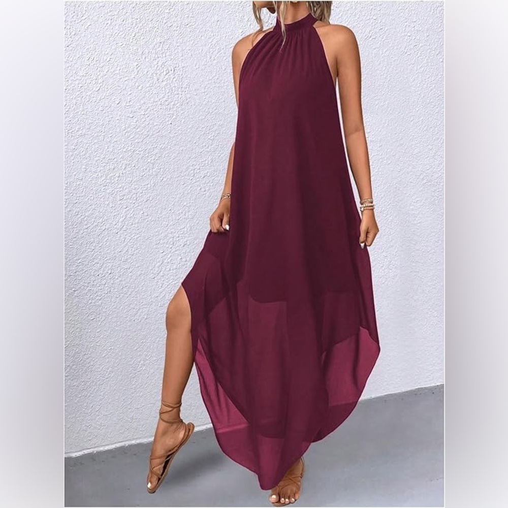 Elegant Burgundy Halter Maxi Dress
